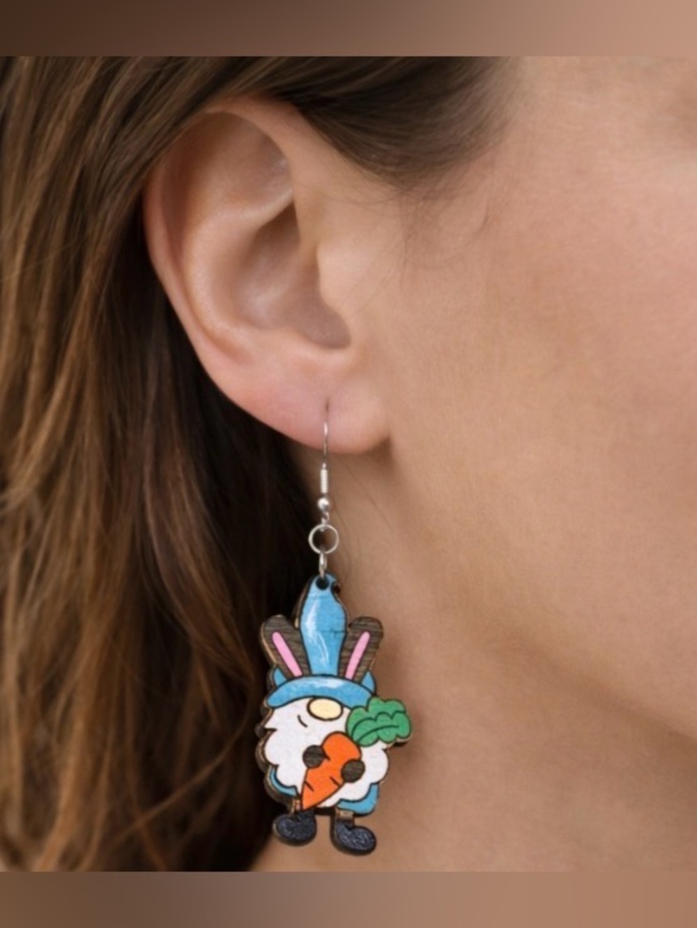 Handmade Wooden Easter Gnome Bunny Earrings Hand Painted Teal Spring Statement